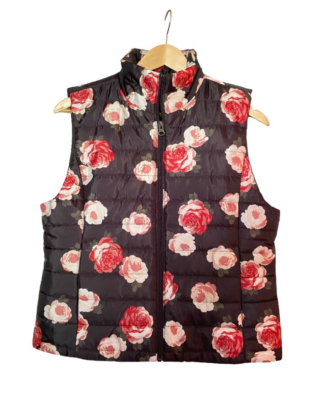 LOFT Outlet - Floral Puffer Vest - Black Pink Rose Front Zip Quilted - Size M